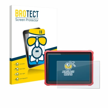 Parte frontal de un envase de producto con el logotipo de la marca BROTECT. Al lado se muestra el dispositivo Launch X-431 Pro