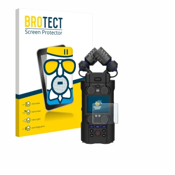 Parte frontal de un envase de producto con el logotipo de la marca BROTECT. Al lado se muestra el dispositivo Zoom H5 Studio c