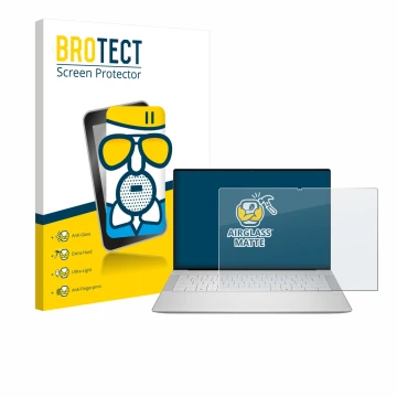 Parte frontal de un envase de producto con el logotipo de la marca BROTECT. Al lado se muestra el dispositivo Dell 14 Premium 