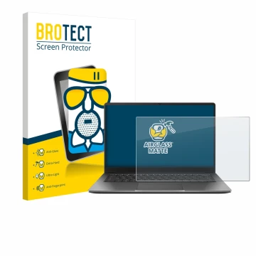 Parte frontal de un envase de producto con el logotipo de la marca BROTECT. Al lado se muestra el dispositivo ASUS Chromebook 