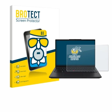 Parte frontal de un envase de producto con el logotipo de la marca BROTECT. Al lado se muestra el dispositivo Lenovo ThinkPad 