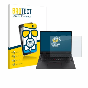 Parte frontal de un envase de producto con el logotipo de la marca BROTECT. Al lado se muestra el dispositivo Lenovo ThinkPad 