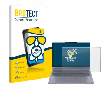 Parte frontal de un envase de producto con el logotipo de la marca BROTECT. Al lado se muestra el dispositivo Lenovo ThinkBook