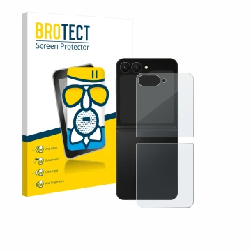 Parte frontal de un envase de producto con el logotipo de la marca BROTECT. Al lado se muestra el dispositivo Samsung Galaxy Z