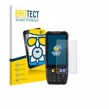 Parte frontal de un envase de producto con el logotipo de la marca BROTECT. Al lado se muestra el dispositivo Point Mobile PM6
