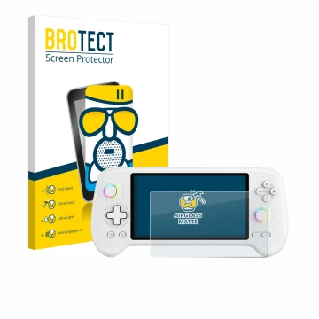 Parte frontal de un envase de producto con el logotipo de la marca BROTECT. Al lado se muestra el dispositivo Anbernic RG557 c