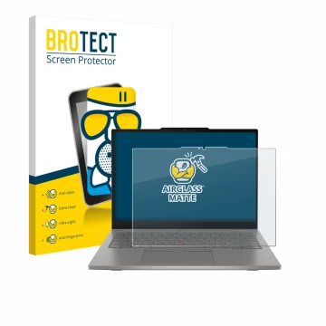 Parte frontal de un envase de producto con el logotipo de la marca BROTECT. Al lado se muestra el dispositivo Lenovo ThinkPad 