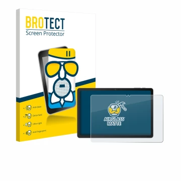 Parte frontal de un envase de producto con el logotipo de la marca BROTECT. Al lado se muestra el dispositivo VALE Tablet V11E