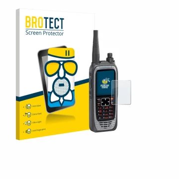 Parte frontal de un envase de producto con el logotipo de la marca BROTECT. Al lado se muestra el dispositivo Icom IC-A25NE /I