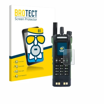 Parte frontal de un envase de producto con el logotipo de la marca BROTECT. Al lado se muestra el dispositivo Baofeng DM-32 co