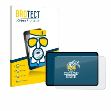 Parte frontal de un envase de producto con el logotipo de la marca BROTECT. Al lado se muestra el dispositivo Teclast T65 con 