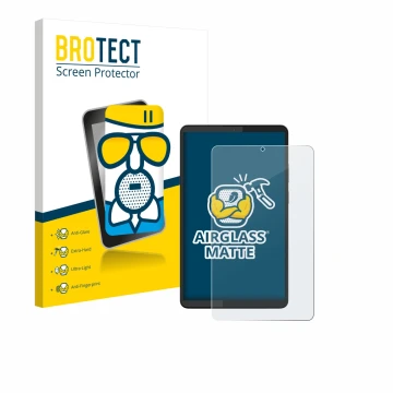 Parte frontal de un envase de producto con el logotipo de la marca BROTECT. Al lado se muestra el dispositivo Lenovo Tab One 8