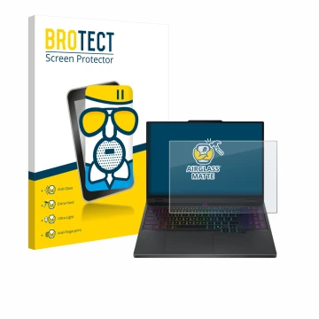 Parte frontal de un envase de producto con el logotipo de la marca BROTECT. Al lado se muestra el dispositivo Lenovo Legion 5 