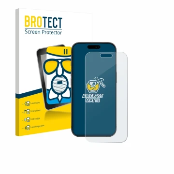 Parte frontal de un envase de producto con el logotipo de la marca BROTECT. Al lado se muestra el dispositivo Apple iPhone 17 