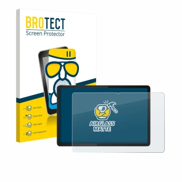 Parte frontal de un envase de producto con el logotipo de la marca BROTECT. Al lado se muestra el dispositivo Lenovo Tab K11e 