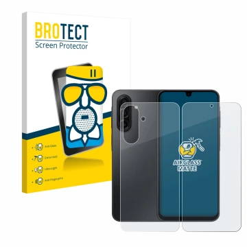 Parte frontal de un envase de producto con el logotipo de la marca BROTECT. Al lado se muestra el dispositivo Samsung Galaxy A