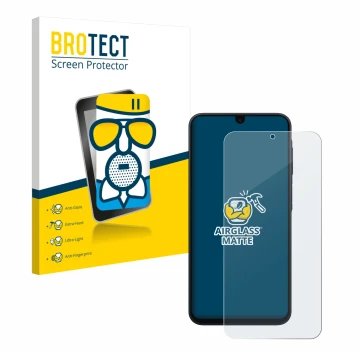 Parte frontal de un envase de producto con el logotipo de la marca BROTECT. Al lado se muestra el dispositivo Samsung Galaxy A