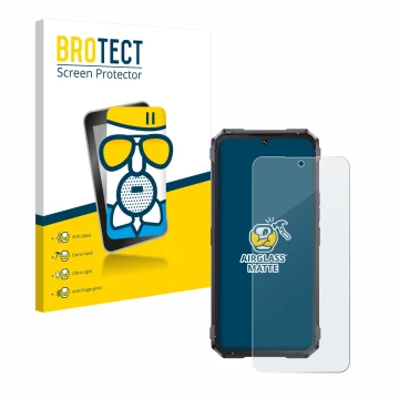 Parte frontal de un envase de producto con el logotipo de la marca BROTECT. Al lado se muestra el dispositivo Cubot King Kong 