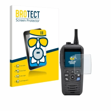 Parte frontal de un envase de producto con el logotipo de la marca BROTECT. Al lado se muestra el dispositivo Icom IC-M94D con