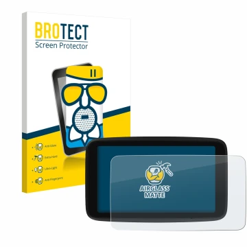 Parte frontal de un envase de producto con el logotipo de la marca BROTECT. Al lado se muestra el dispositivo TomTom GO Classi