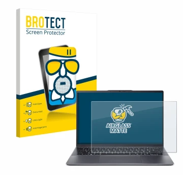 Parte frontal de un envase de producto con el logotipo de la marca BROTECT. Al lado se muestra el dispositivo Acer Swift Go 14