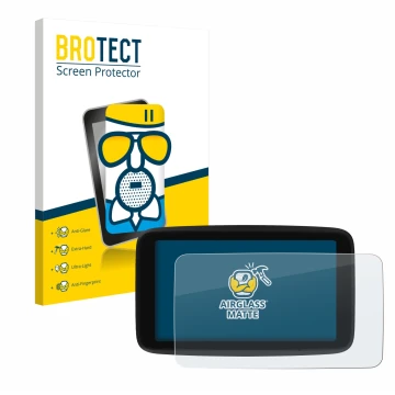 Parte frontal de un envase de producto con el logotipo de la marca BROTECT. Al lado se muestra el dispositivo TomTom GO Classi
