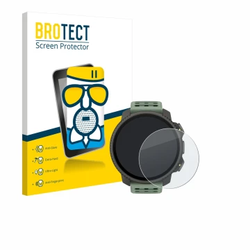 Parte frontal de un envase de producto con el logotipo de la marca BROTECT. Al lado se muestra el dispositivo Suunto Vertical 