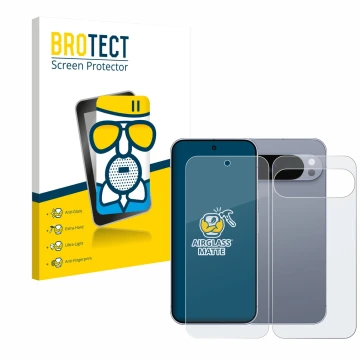 Parte frontal de un envase de producto con el logotipo de la marca BROTECT. Al lado se muestra el dispositivo Google Pixel 10 