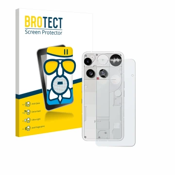 Parte frontal de un envase de producto con el logotipo de la marca BROTECT. Al lado se muestra el dispositivo Nothing Phone (3