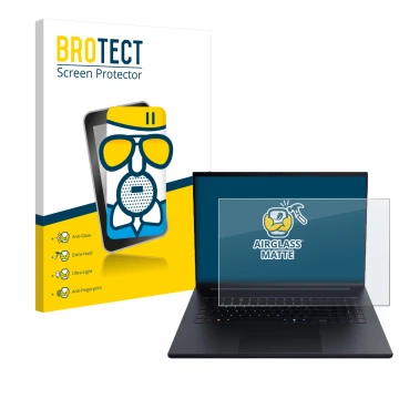 Parte frontal de un envase de producto con el logotipo de la marca BROTECT. Al lado se muestra el dispositivo Razer Blade 18 2