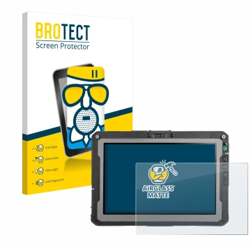 Parte frontal de un envase de producto con el logotipo de la marca BROTECT. Al lado se muestra el dispositivo Getac ZX10 G2 co