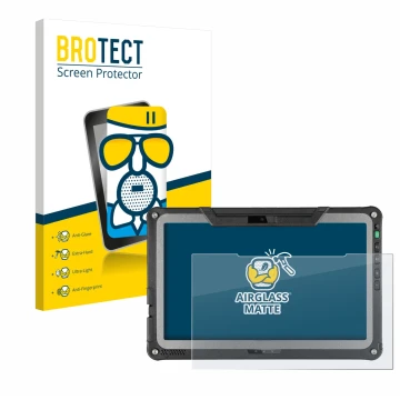 Parte frontal de un envase de producto con el logotipo de la marca BROTECT. Al lado se muestra el dispositivo Getac F110 G7 co