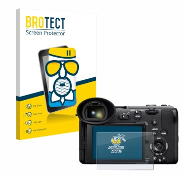 Parte frontal de un envase de producto con el logotipo de la marca BROTECT. Al lado se muestra el dispositivo Sony Cinema Line