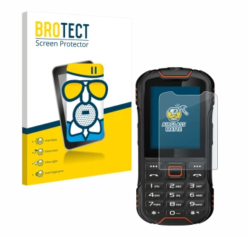 Parte frontal de un envase de producto con el logotipo de la marca BROTECT. Al lado se muestra el dispositivo Gigaset GLX8 con