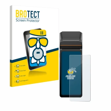 Parte frontal de un envase de producto con el logotipo de la marca BROTECT. Al lado se muestra el dispositivo Sunmi V3H con su