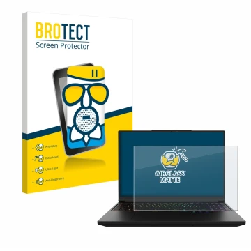 Parte frontal de un envase de producto con el logotipo de la marca BROTECT. Al lado se muestra el dispositivo XMG Pro 16 con s