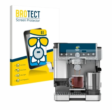 Parte frontal de un envase de producto con el logotipo de la marca BROTECT. Al lado se muestra el dispositivo Ninja Luxe Cafe 