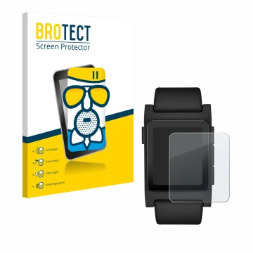 Parte frontal de un envase de producto con el logotipo de la marca BROTECT. Al lado se muestra el dispositivo Pebble 2 Duo 202