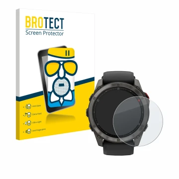 Parte frontal de un envase de producto con el logotipo de la marca BROTECT. Al lado se muestra el dispositivo Garmin Fenix 8 P