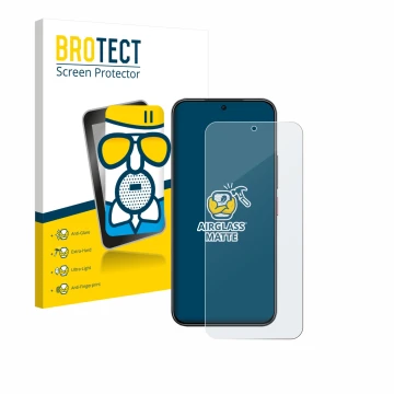 Parte frontal de un envase de producto con el logotipo de la marca BROTECT. Al lado se muestra el dispositivo Nubia Air con su