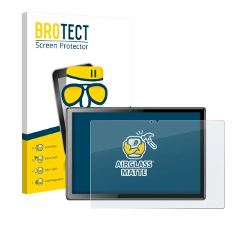 Parte frontal de un envase de producto con el logotipo de la marca BROTECT. Al lado se muestra el dispositivo Tibuta A10 10.1