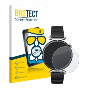 Parte frontal de un envase de producto con el logotipo de la marca BROTECT. Al lado se muestra el dispositivo Huawei Watch GT 