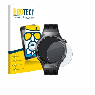 Parte frontal de un envase de producto con el logotipo de la marca BROTECT. Al lado se muestra el dispositivo Huawei Watch GT 