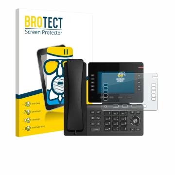 Parte frontal de un envase de producto con el logotipo de la marca BROTECT. Al lado se muestra el dispositivo Snom D865 con su
