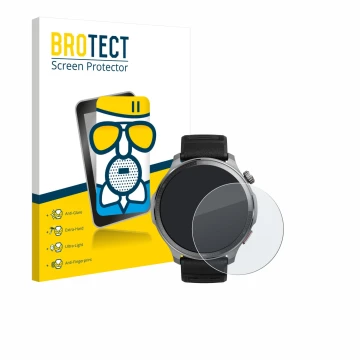 Parte frontal de un envase de producto con el logotipo de la marca BROTECT. Al lado se muestra el dispositivo Huami Amazfit Ba