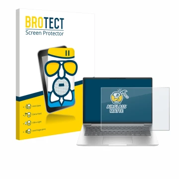 Parte frontal de un envase de producto con el logotipo de la marca BROTECT. Al lado se muestra el dispositivo HP EliteBook 655