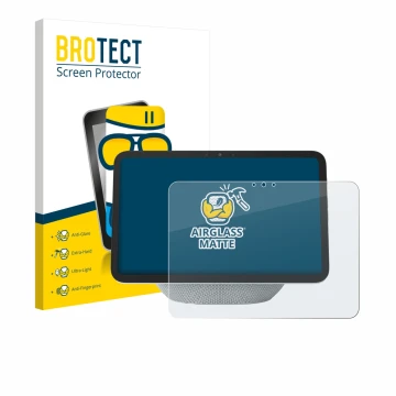 Parte frontal de un envase de producto con el logotipo de la marca BROTECT. Al lado se muestra el dispositivo Amazon Echo Show