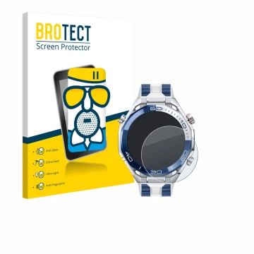 Parte frontal de un envase de producto con el logotipo de la marca BROTECT. Al lado se muestra el dispositivo Huawei Watch Ult