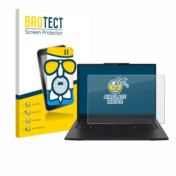 Parte frontal de un envase de producto con el logotipo de la marca BROTECT. Al lado se muestra el dispositivo Lenovo ThinkPad 