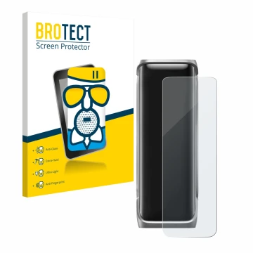 Parte frontal de un envase de producto con el logotipo de la marca BROTECT. Al lado se muestra el dispositivo EcoFlow Rapid Pr